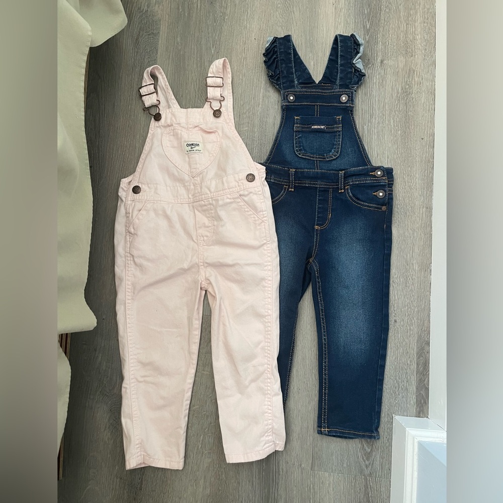 2 pairs like new 3T overalls, light pink and dark blue denim